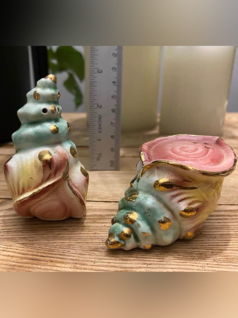 Vintage Ceramic Seashell Salt and Pepper Shakers Iridescent Gold Accents Coastal